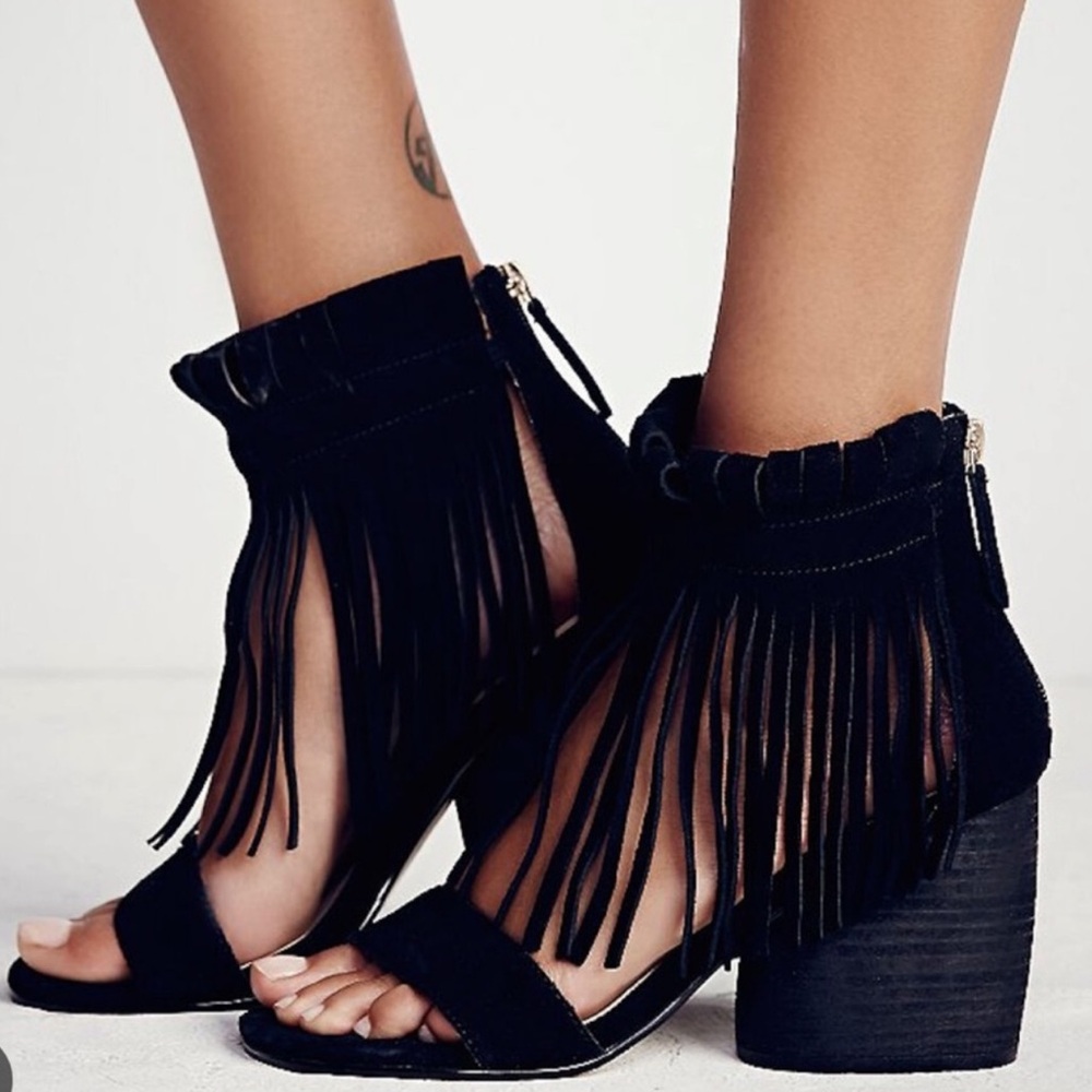 Revolve MATIKO | Morgan Black Suede Fringe Boho Block Heel Sandal Shoe EU 36